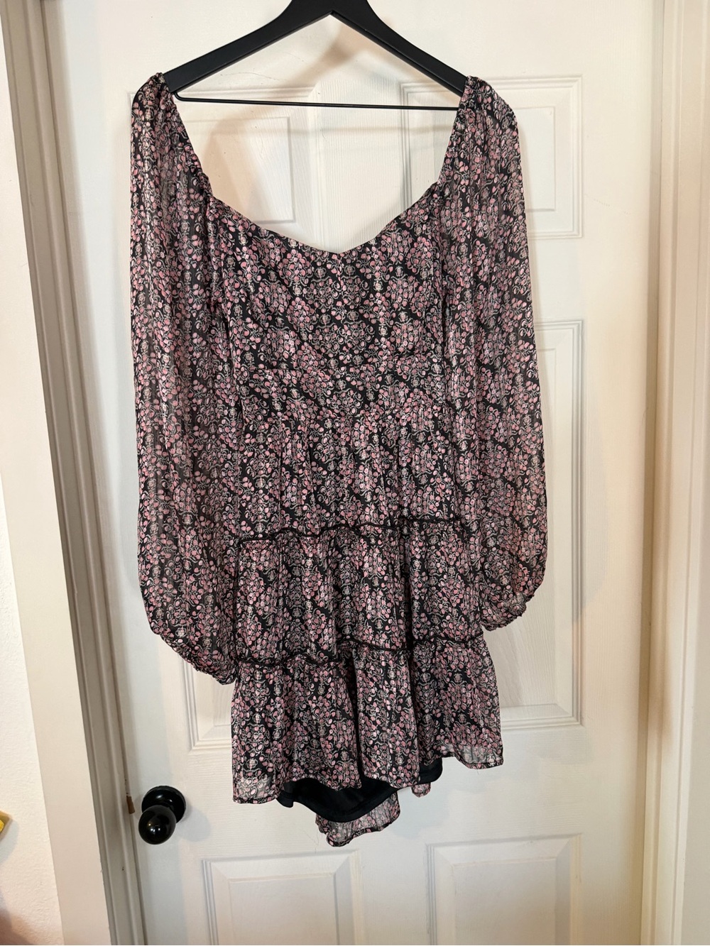 Altar'd State Black Mini Dress with Pink Floral Ruffle Tiers Sz M - Picture 2 of 7